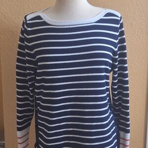 Navy and White Striped Lace-Up Crew Sweater